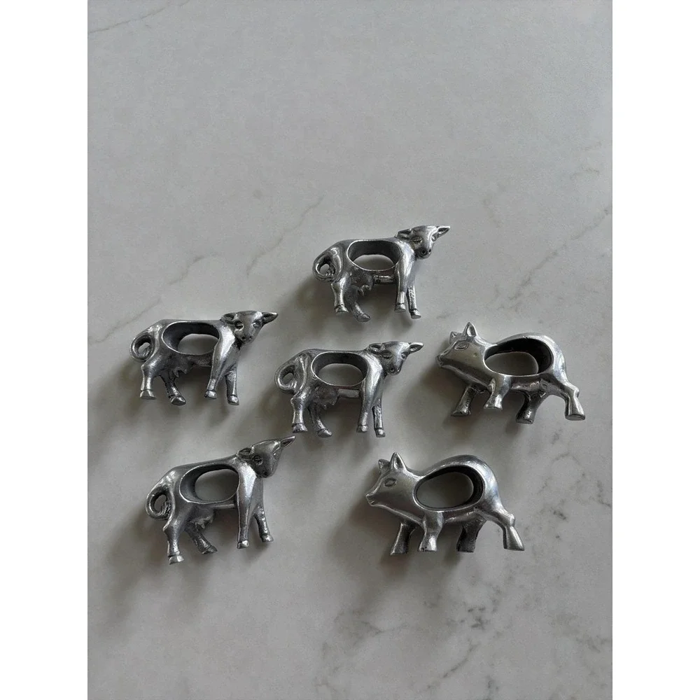 Farm Animal Napkin Rings Set Cow Pig Cast Aluminum Metal‎ 6pc Cottagecore